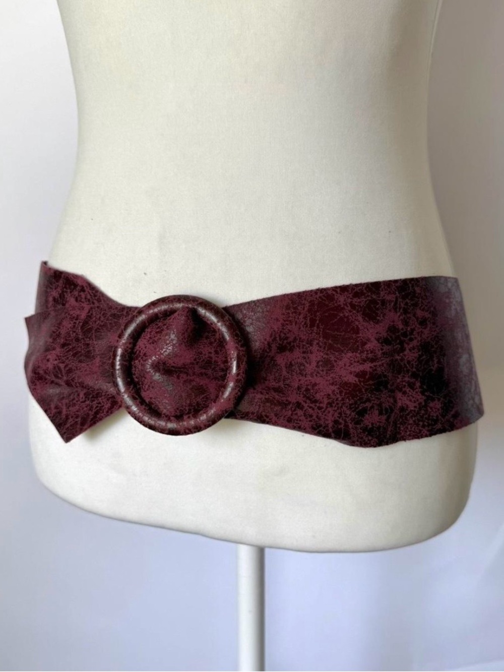 Wide Burgundy Faux-Leather Waist Belt with Round Buckle
